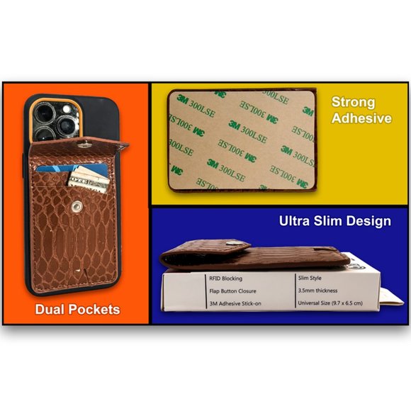 AR Allure Stick on Card Holder for Back of Phone RFID Blocking, Pack of 2, Brown - Picture 5 of 8